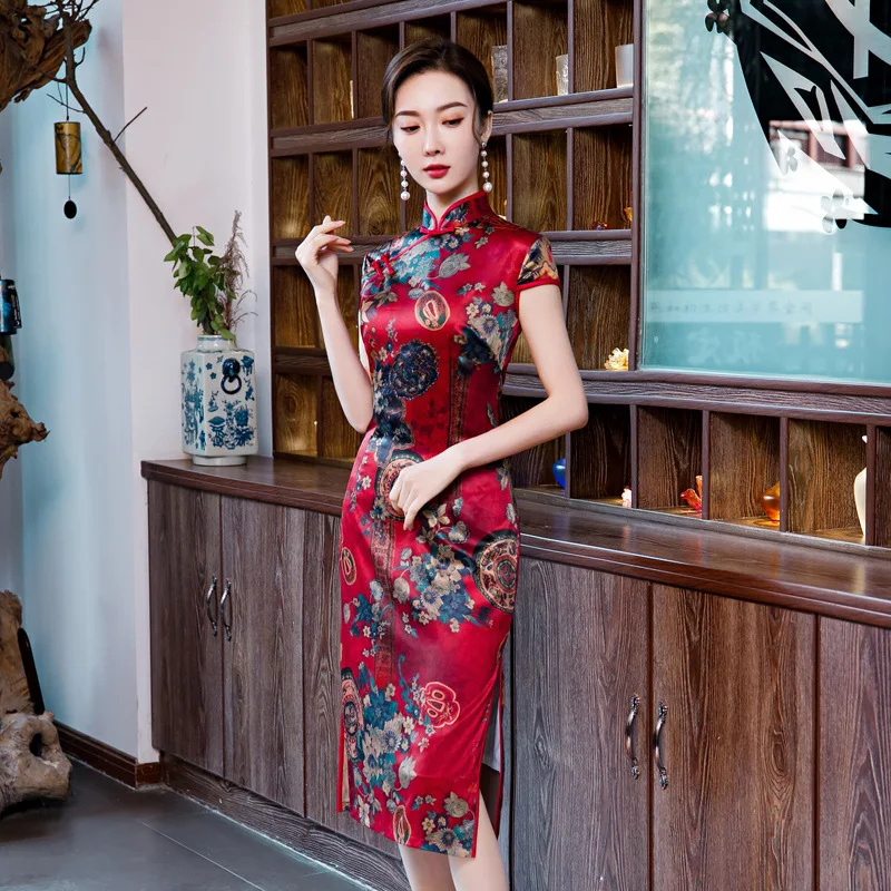 Women'S Long Double Cheongsam Daily Slim Dress Retro Short Sleeved Standing Collar Qipao Imitation Of Gambiered Canton Gauze