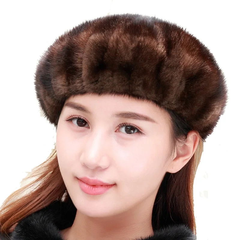 Russian Women's Real Mink Fur Berets Hats Female Winter Warm Caps Fashion Headgear