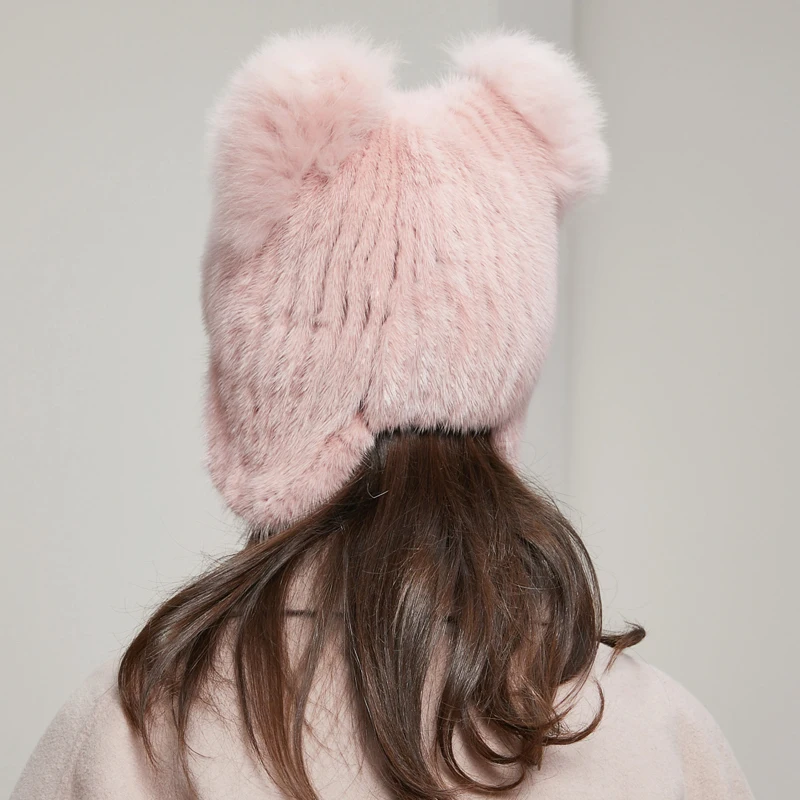 Winter real mink fur woven hat with mink fur ball fashionable ear protection beanie female natural winter cap vertical 20HY-15