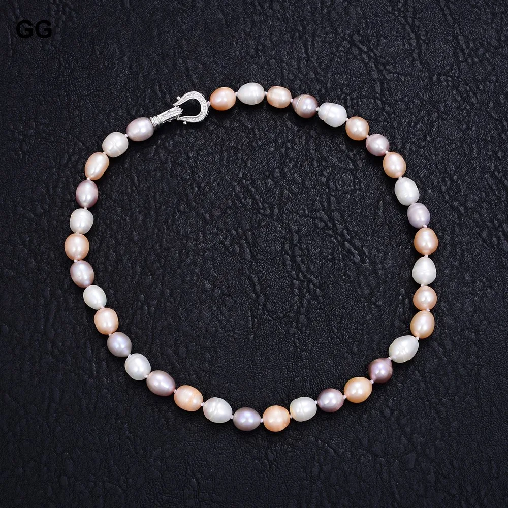 natural Freshwater Pearl Pink Purple White Rice Mixed Color Pearl Choker Necklace cz pave clasp For Women Girl Jewelry Gift