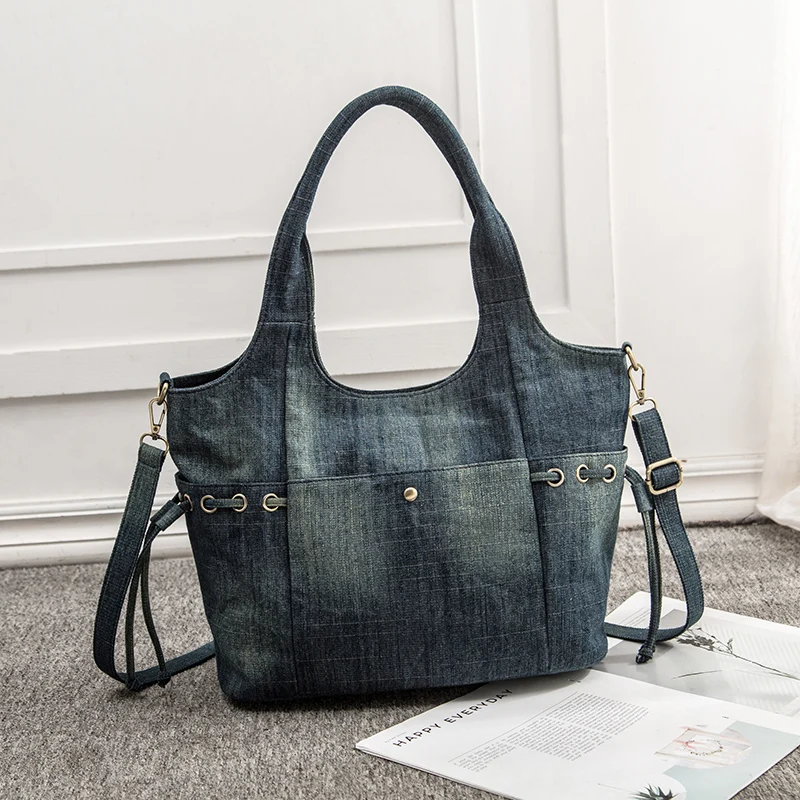 

iPinee Women's Casual Blue Denim Handbag Feminine Top-Handle Tote Crossbody Bag