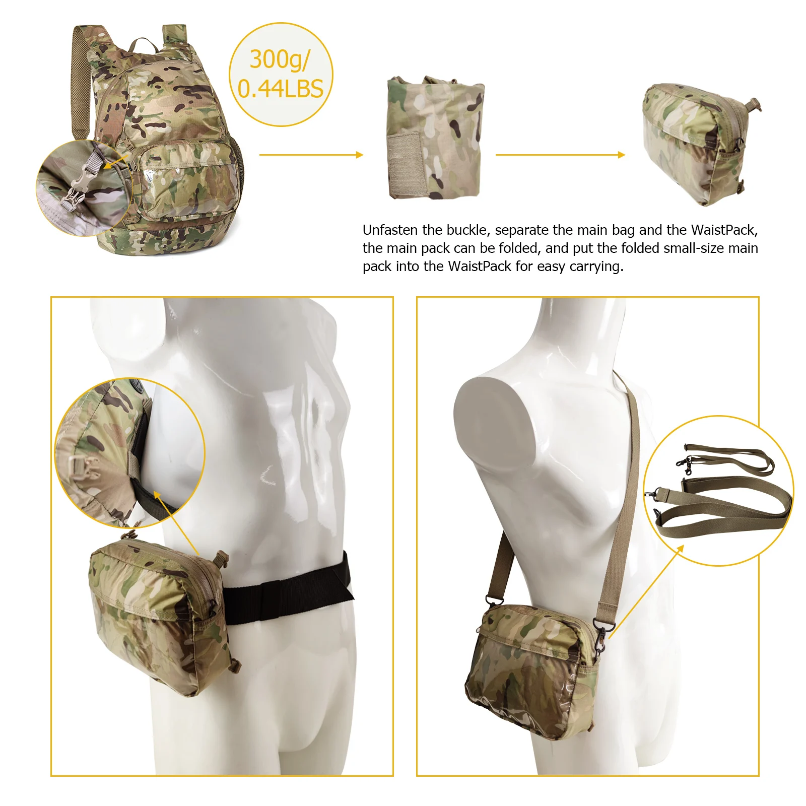 AKmax 30L Ultra Lightweight Fordable & Durable Daypacks with Waist Belt for Women and Men, Camouflage