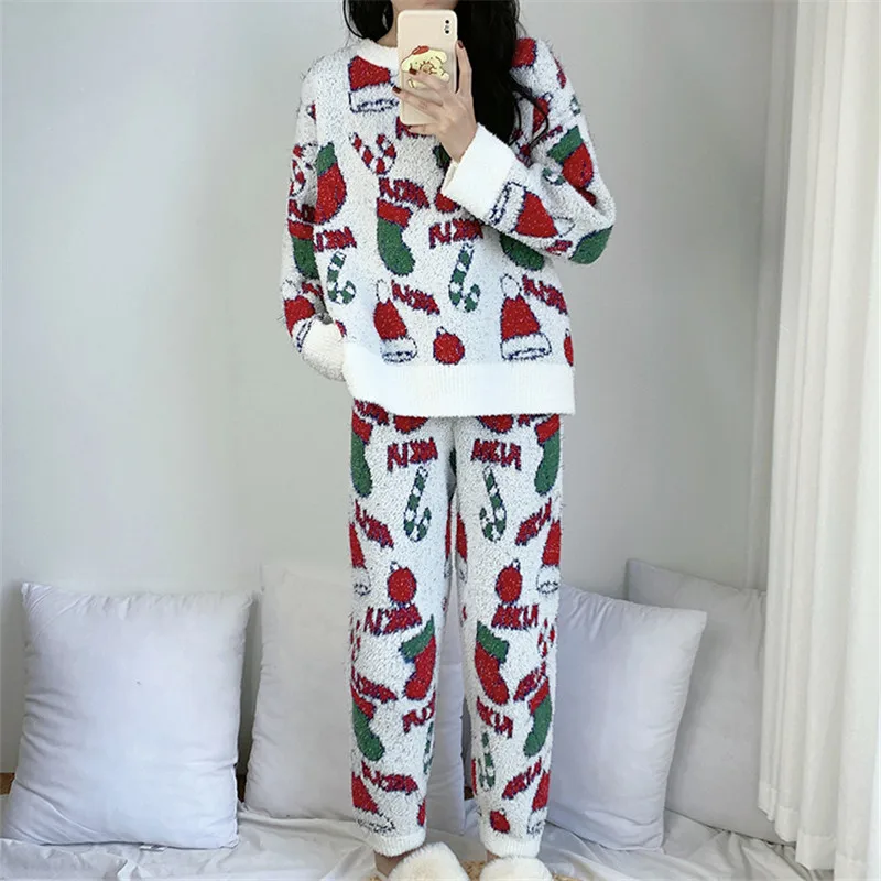 Lady Winter Warm Pajamas Set Cartoon Nightwear Christmas Sleepwear Coral Fleece Women\'s Pyjamas Flannel Pijamas Thicken Homewear