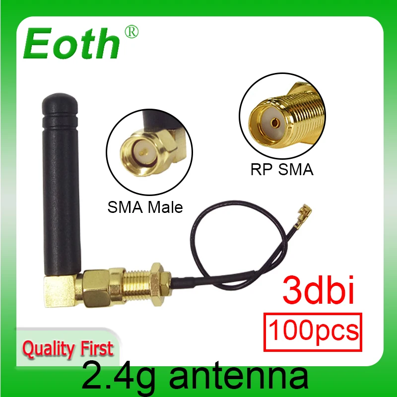 EOTH 100pcs 2.4g antenna 3dbi sma male wlan wifi 2.4ghz antene IPX ipex 1 SMA female pigtail Extension Cable iot module antena