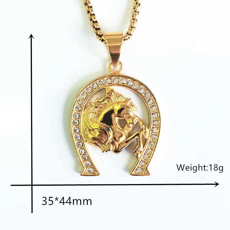 Hip hop Jockey Club Horse Head Pendants Necklaces For Women/Men Gold Color Stainless Steel Horseshoe Iced Out Bling Jewelry