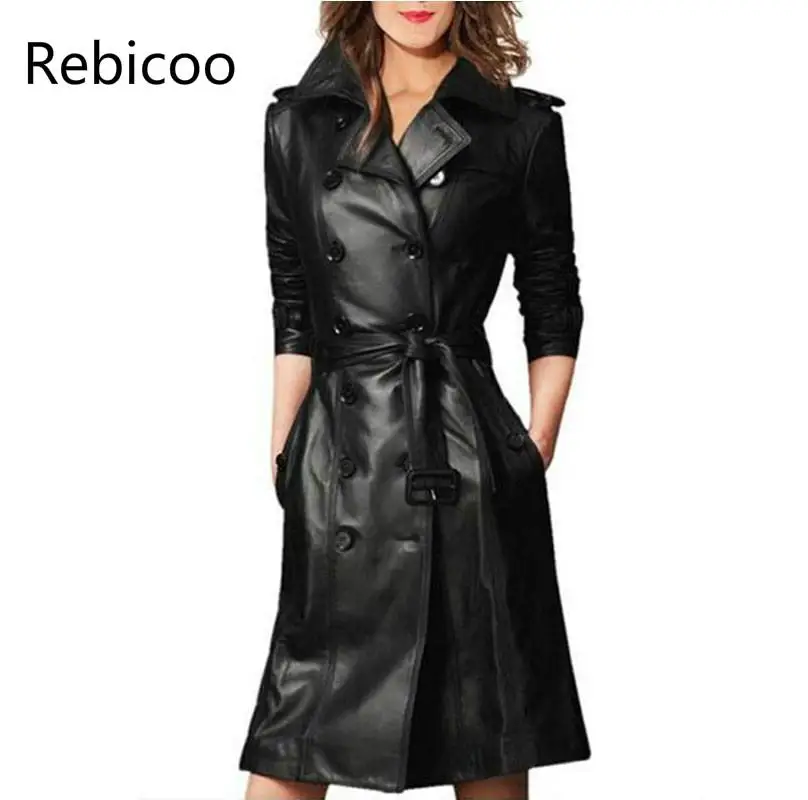 

Women Pu Leather Trench Coat Female Overcoat Spring Autumn Long Sleeve Double-breasted Long Coat Ladies Windbreaker