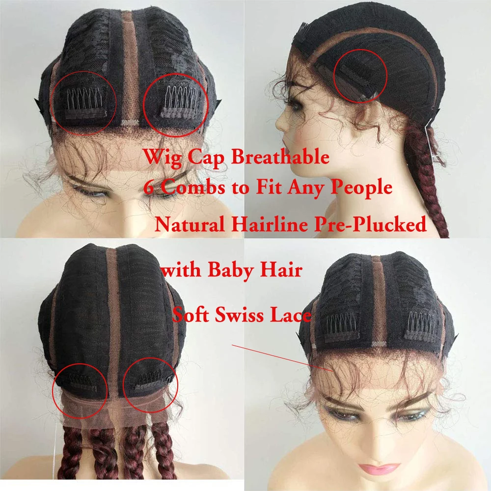 Handmade Box Braided Synthetic Lace Front Wig with Baby Hair 1B# Black Long Big Braiding 5 Braids Wig for Women Lace Wigs