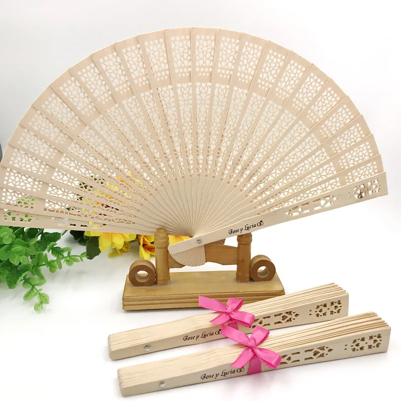 150PCS Personalized Wedding Hand Sandalwood Fan With Ribbon Bow Bridal Shower Favors Wooden Fans Custom Printing DROP SHIPPING