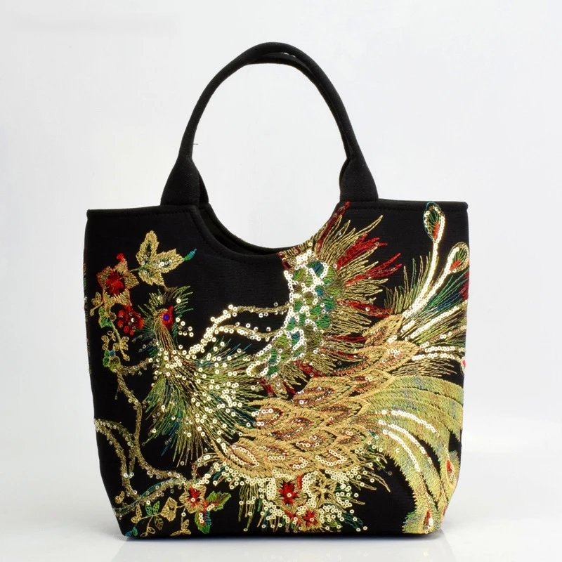Einkaufstasche mit Pailletten im Ethno-Stil, Handtaschen mit Pfauenstickerei, Vintage-Umhängetasche aus Segeltuch – Detail 5