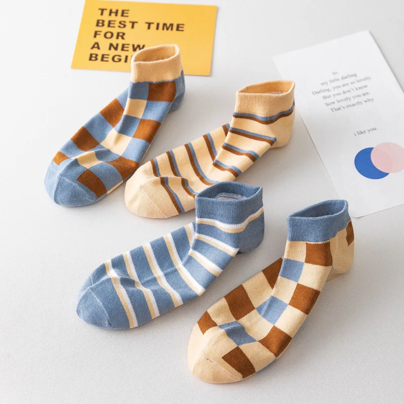 Ankle Socks Women Elegant Cotton Plaid Stripe Pattern Patchwork color Blue White Short Sock Casual Hajuruku Streetwear Cute Sox image 4