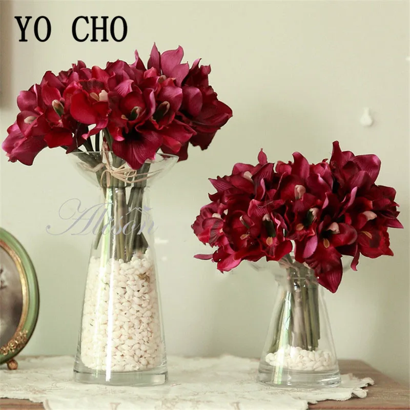 YO CHO-زهرة اصطناعية فراشة الأوركيد الحريرية ، 7 رؤوس ، ديكور المنزل ، الزفاف ، طاولة الحديقة ، DIY