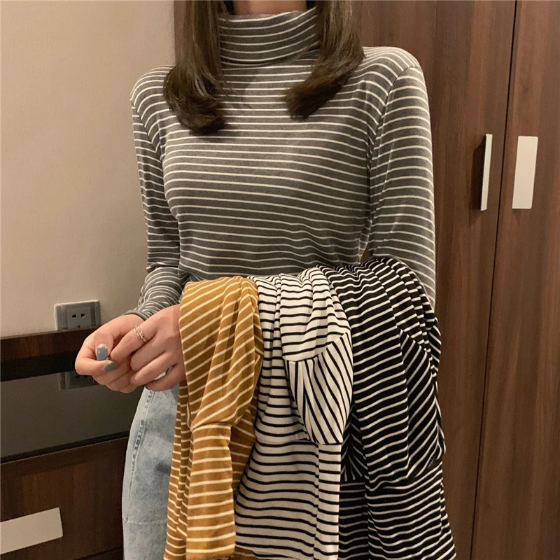 

T-shirts Women Long Sleeve Loose Striped Solid Turtleneck Womens T-shirt All-match Simple Leisure Korean Style Trendy Chic Soft