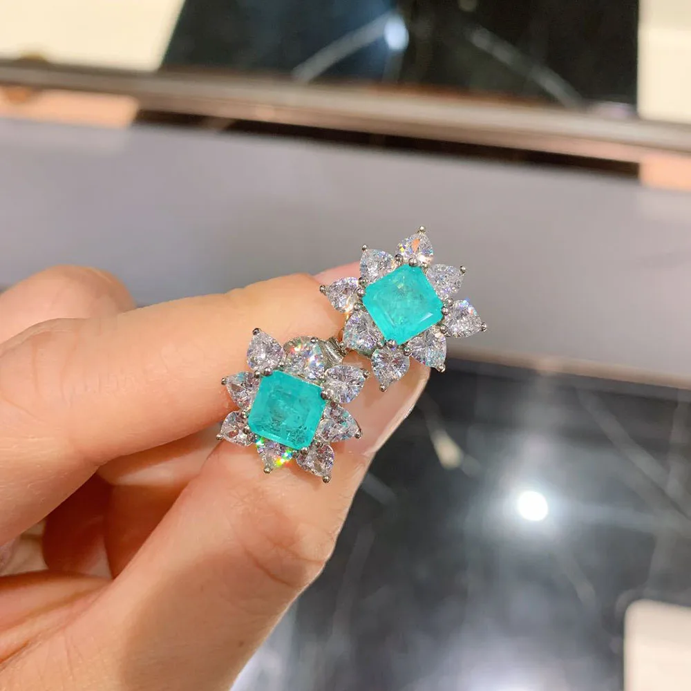 Vintage 7*7MM Paraiba Tourmaline Gemstone Lab Diamond Stud Earrings Gift Fine Jewelry for Women Accessories Statement Wholesale
