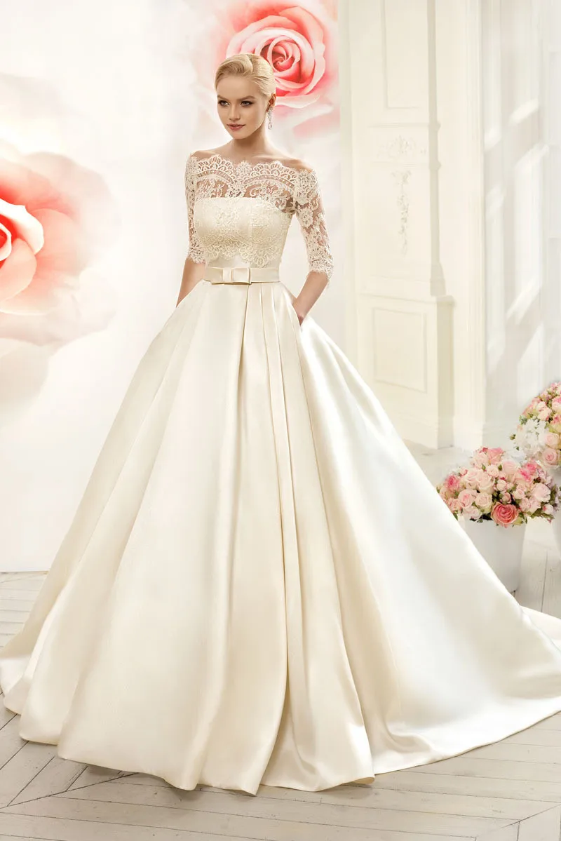 فساتين زفاف فخمة الوان Two Piece 2021 new Ball Gown Boat Neck Half Sleeve Bridal Lace Jacket Bespoke Wedding Dress