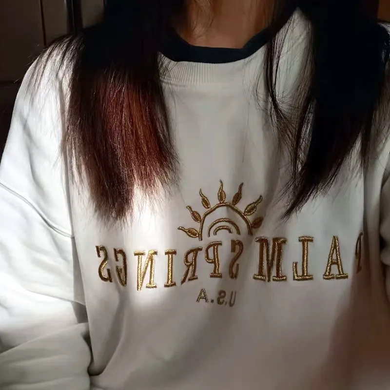 Calelinka American Vintage Palm Springs Letters Embroidery Printed White Cotton Sweatshirts Round Neck Vintage Women Ins Jumpers