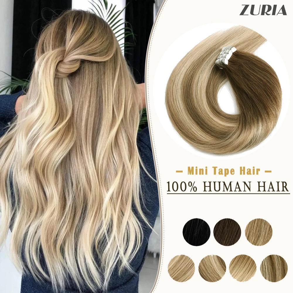 Extensions de cheveux naturels Non Remy – ZURIA, cheveux lisses, adhésif pour trame de peau Invisible, 12, 14, 16, 20 pouces, 100% vrais cheveux