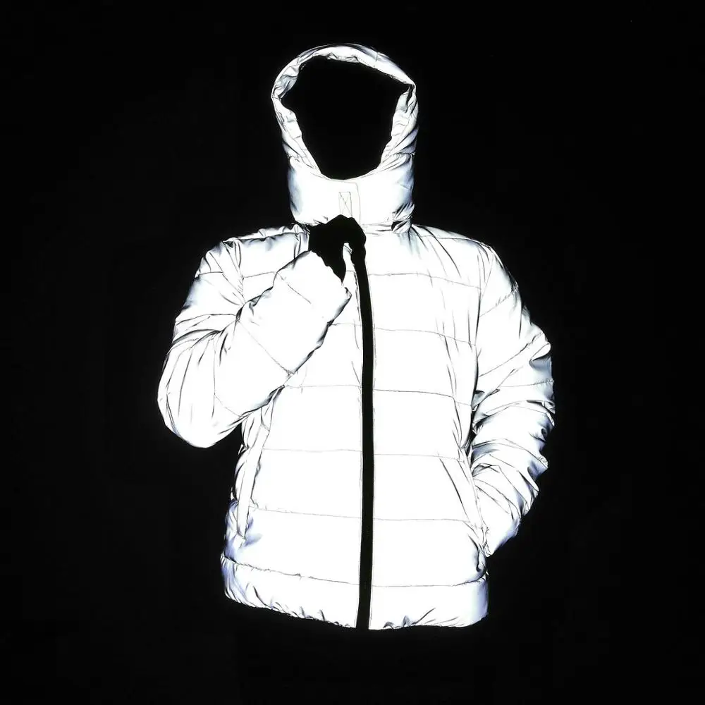 Chaqueta reflectante para hombre y mujer, abrigo grueso de algodón acolchado, Parka con capucha para correr de noche, ropa de calle de Hip Hop,