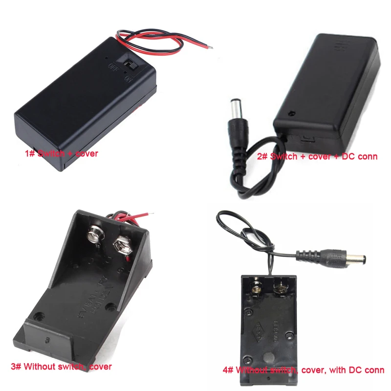 Muti-sizes - 1Pcs Plastic 9V Battery Holder Box Case with Wire Lead 6F22 Battery Holder With/Without Switch,Cover,DC-Connector