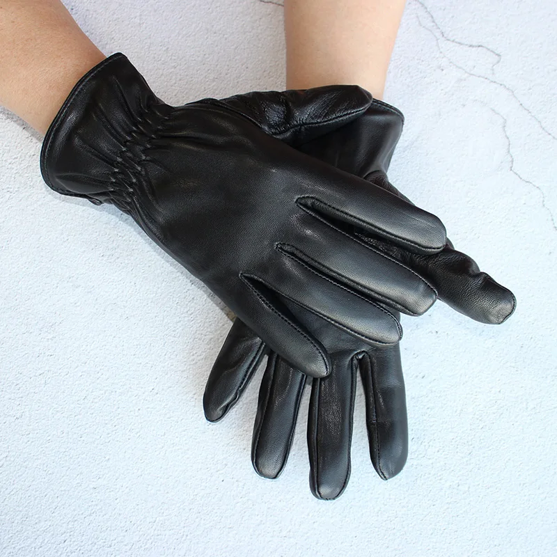 Gants d\'hiver en cuir de mouton pour hommes, épais, coupe-vent, moto, noir