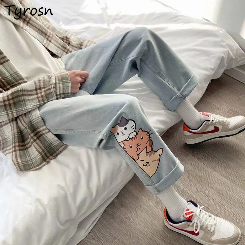 Jeans Dames Ontwerp Kawaii Cartoon bedrukte Zoete All-match Rechte Denim Broek Koreaanse Mode Losse Hoge Taille Jean Studenten