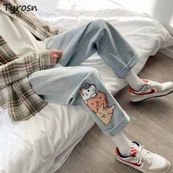 Jeans Women Design Kawaii Cartoon-printed Sweet All-match Straight Denim Trousers Korean Fashion Loose High Waist Jean Students