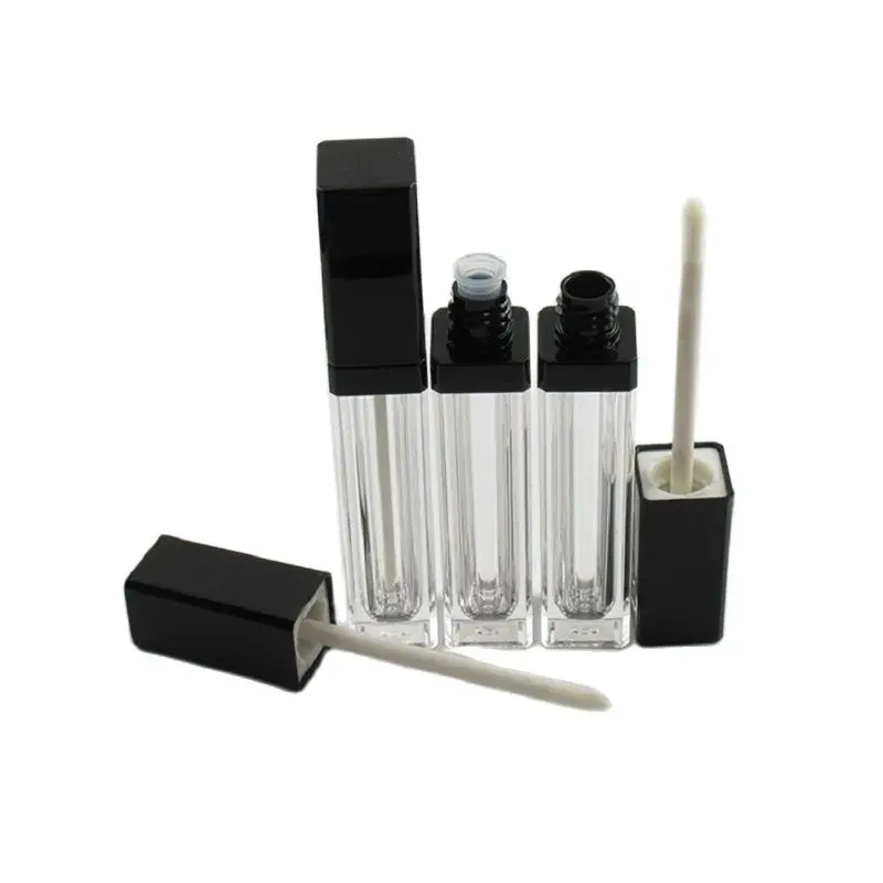 Empty 7 ML Lip Gloss Tube Square Clear Cosmetic Container Black Cap Makeup Lipgloss Packaging with Brush Applicator