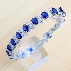 Silver 925 Jewelry Bracelet for Women Blue Cubic Zirconia White Stones Party Accessories Length 20cm Free Gift Box