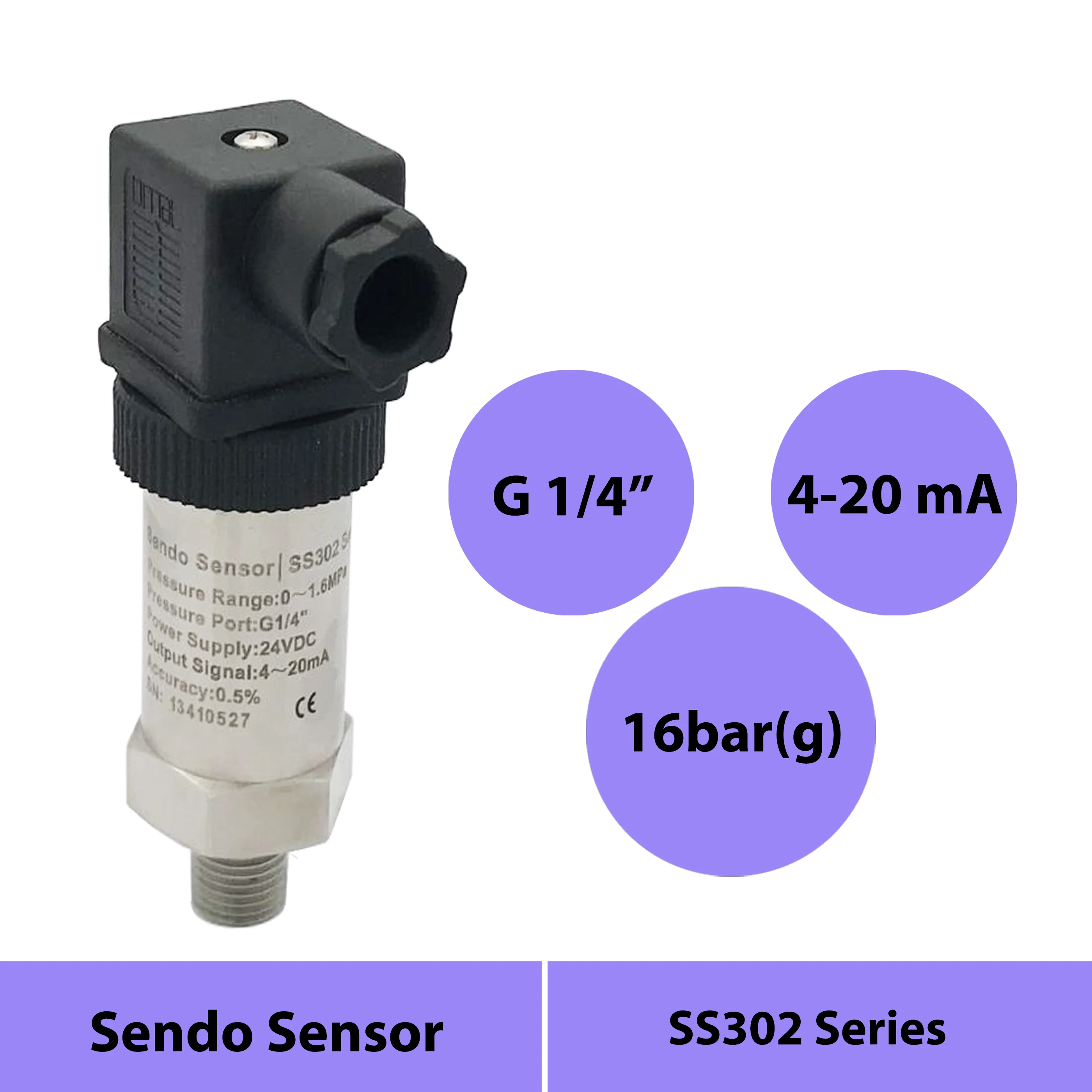 

4 20mA pressure sensors, 0 to 16bar, 1.6mpa gauge, G1 4 thread, AISI 316L diaphragm,12V to 30V power, 24Vdc supply, IP65, water