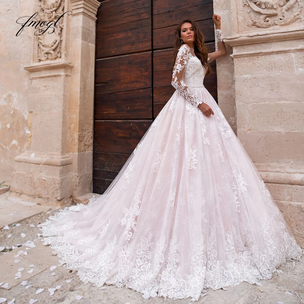 

Fmogl Sexy Illusion Long Sleeve A Line Wedding Dresses Elegant Appliques Beaded Court Train Vintage Lace Bridal Gowns