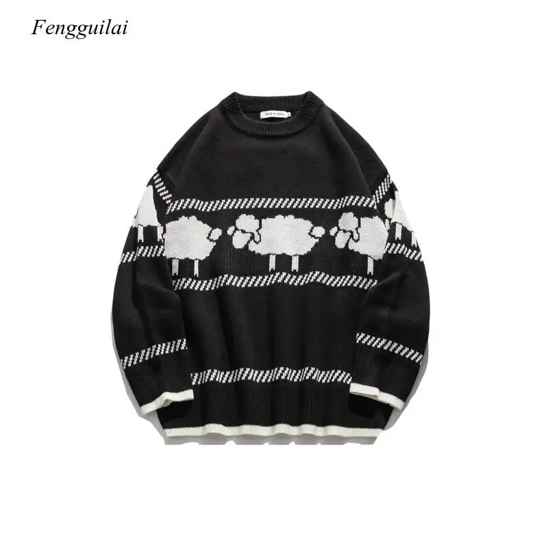 Pulover Leher Bulat Gambar Domba Katun Pasangan Longgar Sweter Fashion Korea Bf Pria Musim Gugur