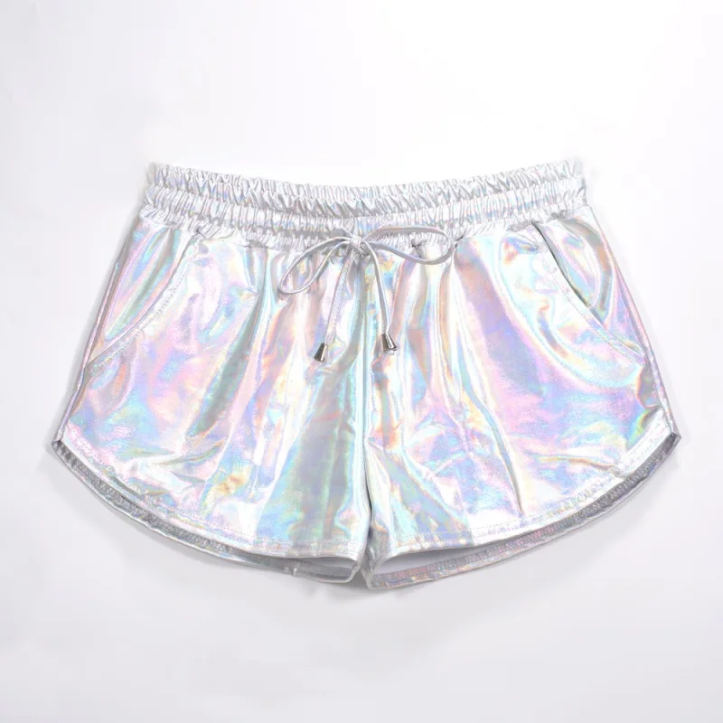 Damen glänzende metallische heiße Shorts, holo graphischer Wet-Look, lässiger elastischer Kordel zug, Festival Rave Booty Shorts, Sommer