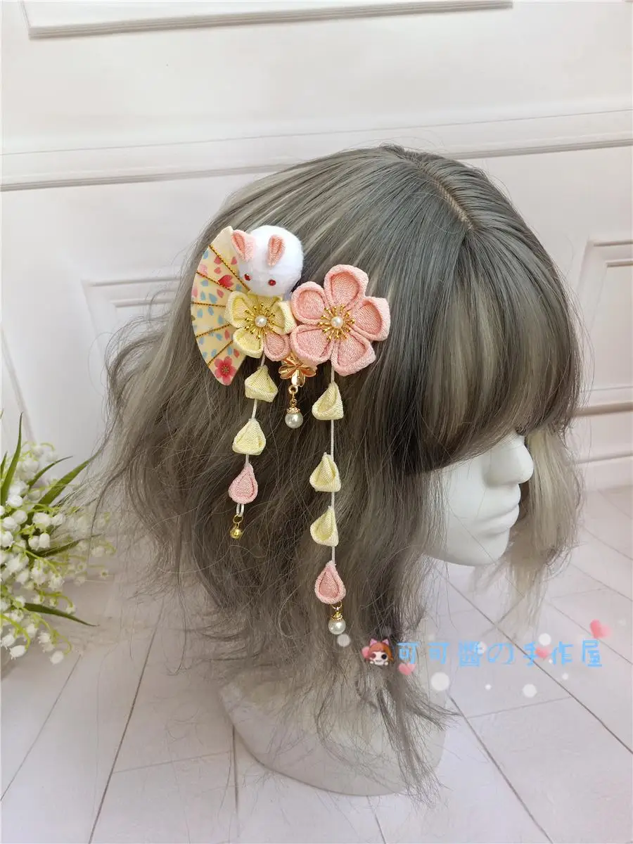 ญี่ปุ่นและCherry BlossomsผมKimonoเสื้อคลุมอาบน้ำกระต่ายBow HairclipสีเหลืองพัดลมLolitaโบราณEDGE CLAMP