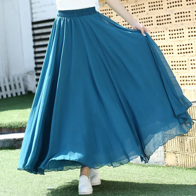 2021 Spring Skirt 3 Layer Chiffon Long Skirts For Women Elegant Casual High Waist Boho Beach Maxi Skirts Saias Femme 80/90/100cm