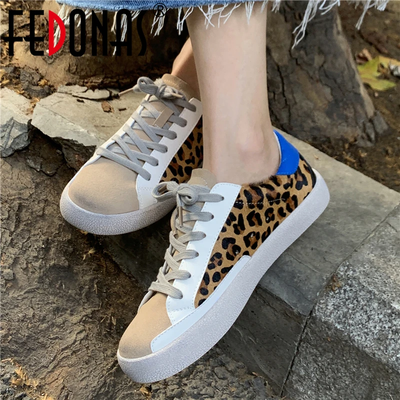 FEDONAS Brand New Women Sneakers Lace-Up Autumn Fashion Leopard Genuine Leather Sports Casual Flats Round Toe Shoes Woman 2025