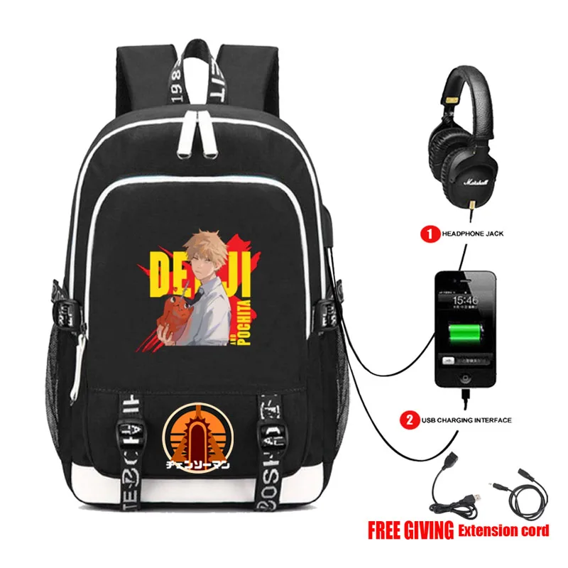 anime Chainsaw Man backpack USB charging Headphone jack Students bookbag Men Teenage Laptop backpack travel bag