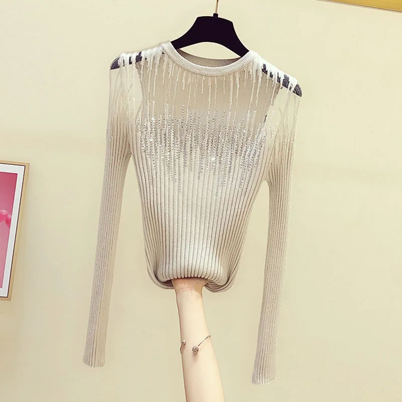 Diamonds Thin Knitted Sweater Women Long Sleeve Hollow Out Sweaters 2023 Autumn Woman Clothes O Neck Slim Pullover Tops Female