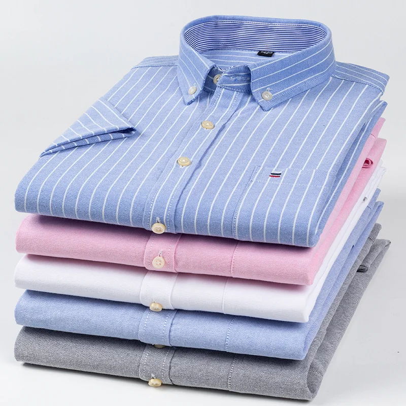 Camisa de algodón 100% para hombre, camisa a rayas Oxford, a cuadros, informal, con botones, de manga corta, ajustada, 7XL
