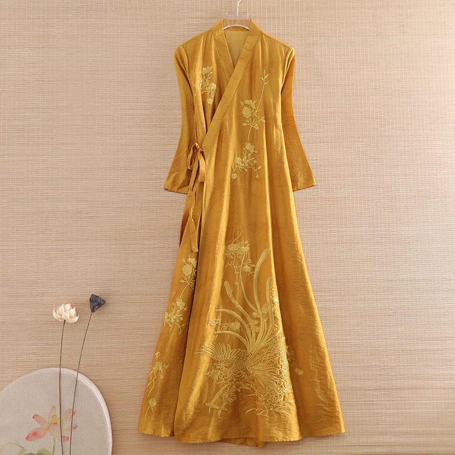 

High-end Autumn Women Hanfu Dress Retro Chinese Style Elegant Embroidery Floral Lady Party Dress S-XXL