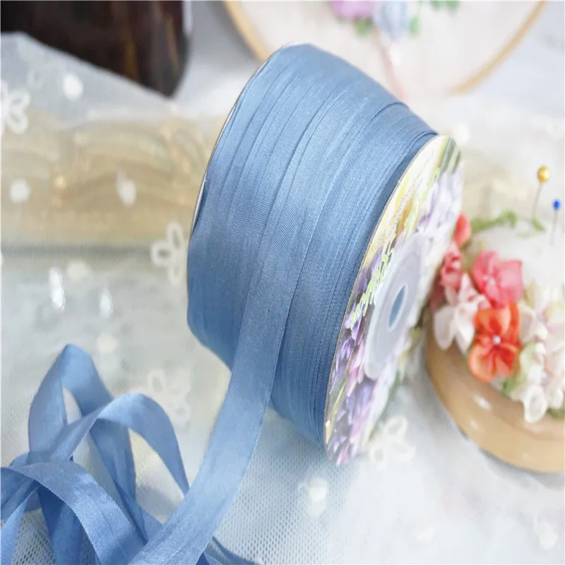 13mm silk embroidery ribbon blue color thin taffeta wedding ribbon ins style silk edged ribbon Anya Ribbon Handcraft