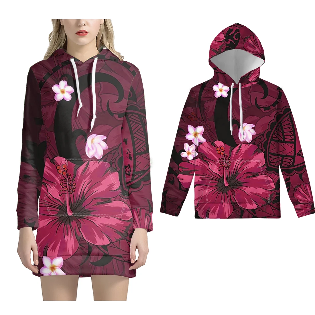 

NOISYDESIGNS Hoodies Girls Long Sleeve Sweatshirts Women Dress Hooded Pullover Vintage Hibiscus Floral Polynesain Tribal Outfits