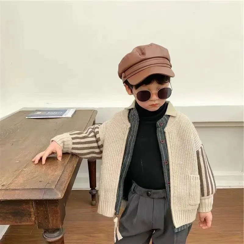 

Hot Sale Boys Spring Knitwear Clothing 2021 New Children Trendy Fall Knitted Cardigan Clothes Kids Casual Splicing Sweater Coat