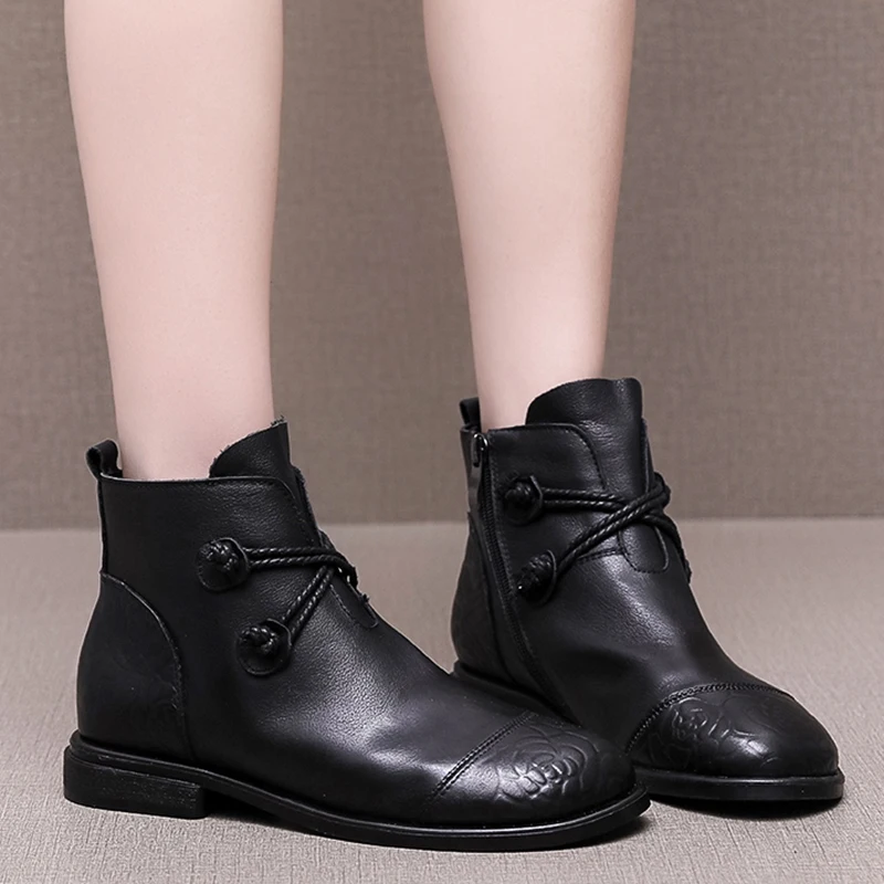 GKTINOO Autumn Winter Genuine Leather Flat Ankle Boots For Women Warm Boots Side Zipper Soft Comfortable Cow Leather Botas