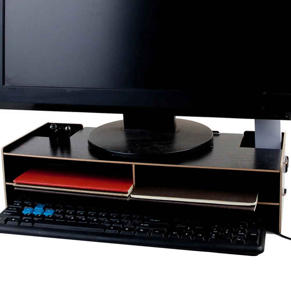 Besegad Decoratieve Houten Computer Desktop Monitor Over Keyboard Monitor Riser Stand Desk Organizer Monitor Stand Storage Box Case