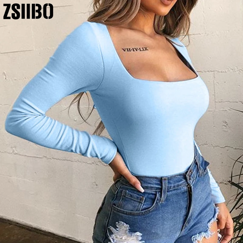 Body z długim rękawem kobiety Body streetwear dropshipping Forefair Sexy Bodycon kwadratowy dekolt płaszcza krocza podstawowy czarny kombinezony Top