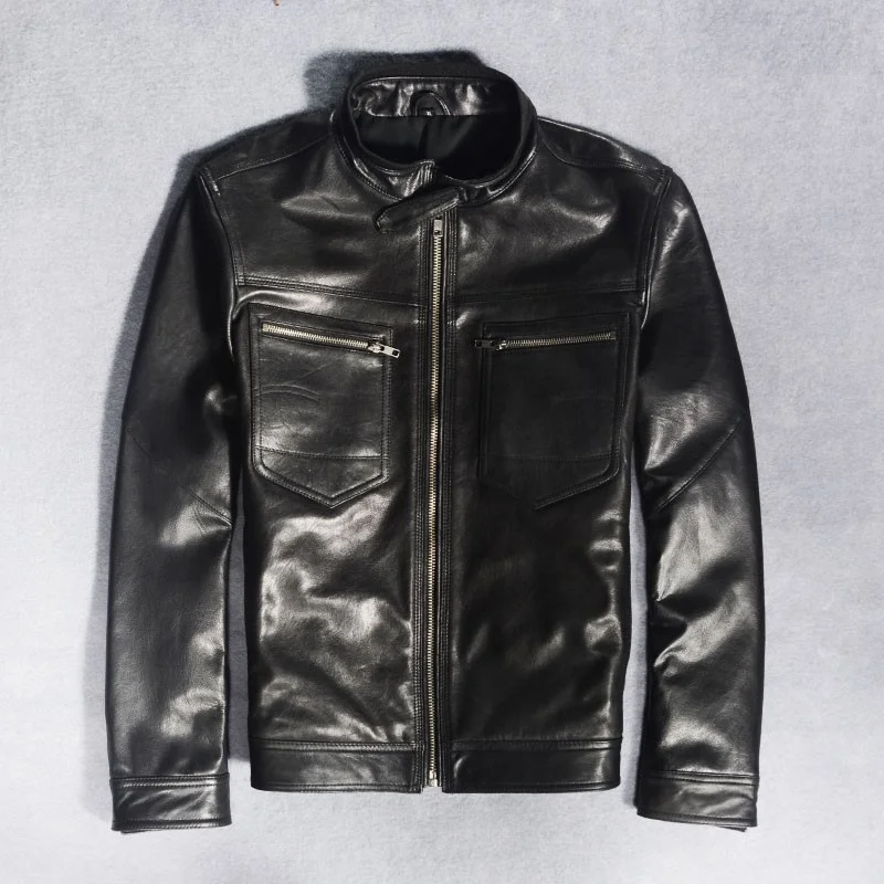 

Classic Vintage Mens Motorcycle Jacket Stand Collar Genuine Leather Sheepskin Coat Spring Autumn Long Sleeve Bikers Jackets New