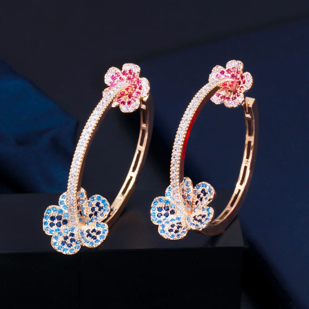 Pera Sweet Red Blue Cubic Zirconia Elegant Flower Shape Large Round Gold Color Hoop Earrings for Women Trendy Brand Jewelry E657