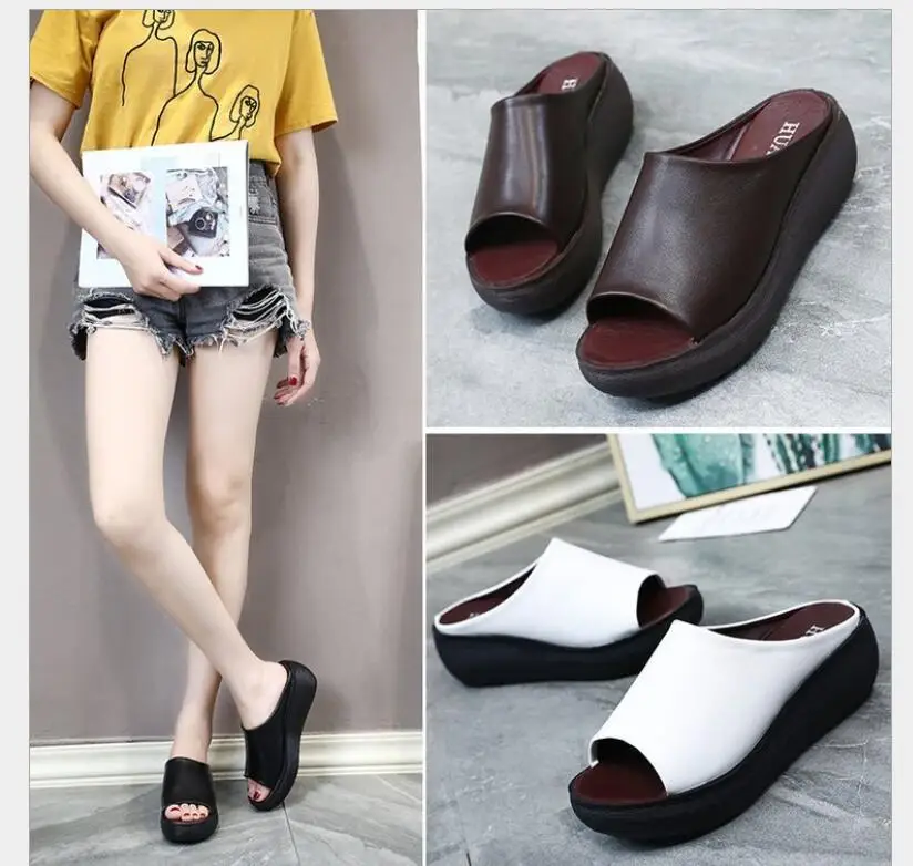 Women's Summer Wedges Slippers Slip-On shoes woman Flat Peep Toe Breathable Soft Platform Leather Sandals Platform shoes Large