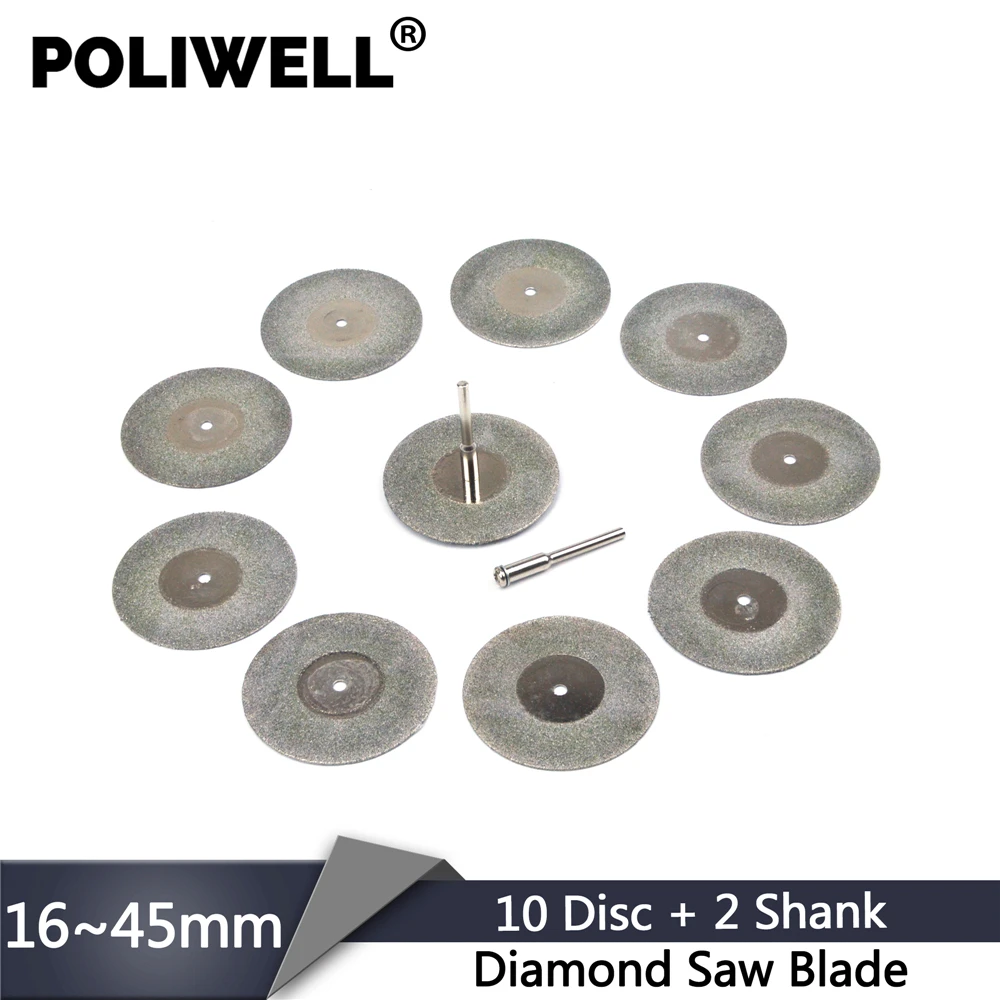 

POLIWELL 10PCS 16/20/30/35/40/45mm Diamond Saw Blades Mini Circular Cutting Discs + 2PCS 3mm Shank for Dremel Rotary Tools