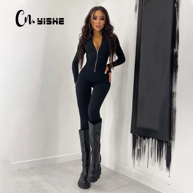 

CNYISHE Fitness Outfit Female Casual Sporty Workout Zipper Jumpsuit Women Rompers Long Sleeve Skinny Activity Wear Overalls Tops