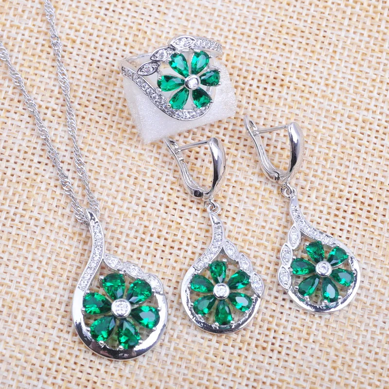 

Wedding Jewelry Sets Russian Style For Women Green Crystal Cubic Zircon Earrings Ring Necklace Pendant 2022 New